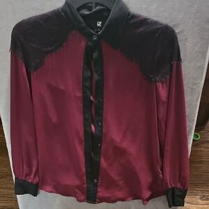 Iz Byer Burgundy Satin Button-Down Blouse with Black Trim